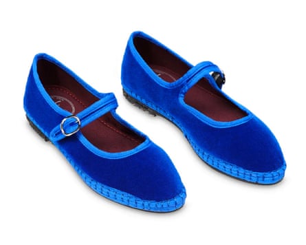 A pair of blue velvet Mary’Janes by Flabelus