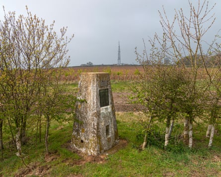 The Cold Ashby trig pillar, a modern stone obelisk between trees