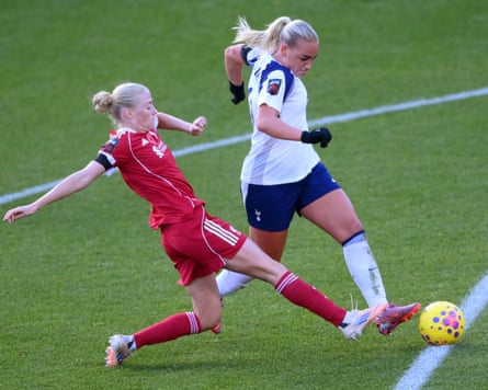 Grace Fisk attempts to dispossess Tottenham’s Cathinka Tandberg in Liverpool’s 2-1 defeat at Brisbane Road