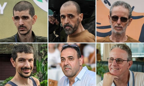 Or Levy, Eli Sharabi and Ohad Ben Ami photographed on their release on 8 February 2025 and undated photographs of them provided by the Hostage’s Family Forum.
