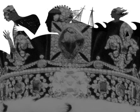 A silhouette of people representing the enslaved on an image of the British crown.