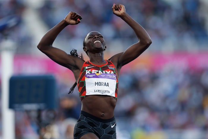 Kenya’s Mary Moraa celebrates after winning the women’s 800m final.