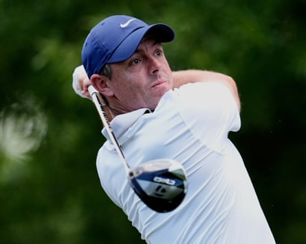 Rory McIlroy watches his tee shot on the 2nd hole during a practice round for the US PGA at the Quail Hollow