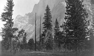Half Dome, a granite dome at the eastern end of Yosemite Valley, in a circa 1861 black and white image taken by US photographer Carleton Watkins