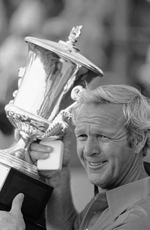 8 December 1980. Palmer holds a victory cup after the 42nd PGA Seniors Championship in north Miami.