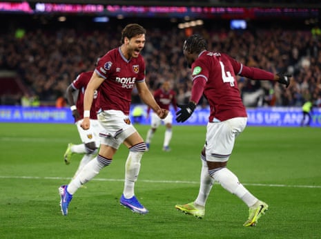 Konstantinos Mavropanos celebrates scoring West Ham’s fourth goal with Axel Disasi