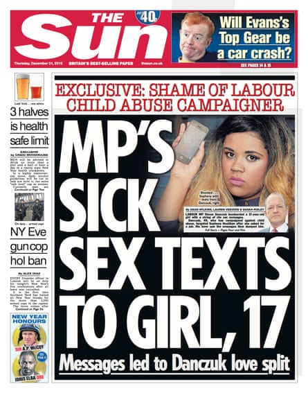 The Sun front page 31 December 2015, which alleged Danczuk sent “sick sex texts” to a 17-year-old job applicant