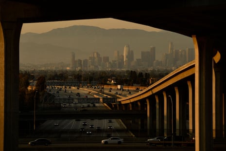 A Los Angeles freeway at sunset. Mike Davis’s writings have helped to define and understand the city.