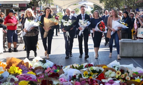 Anthony Albanese, the NSW premier Chris Minns and Allegra Spender join other local leaders to lay flowers for the six victims of the Bondi Junction stabbings