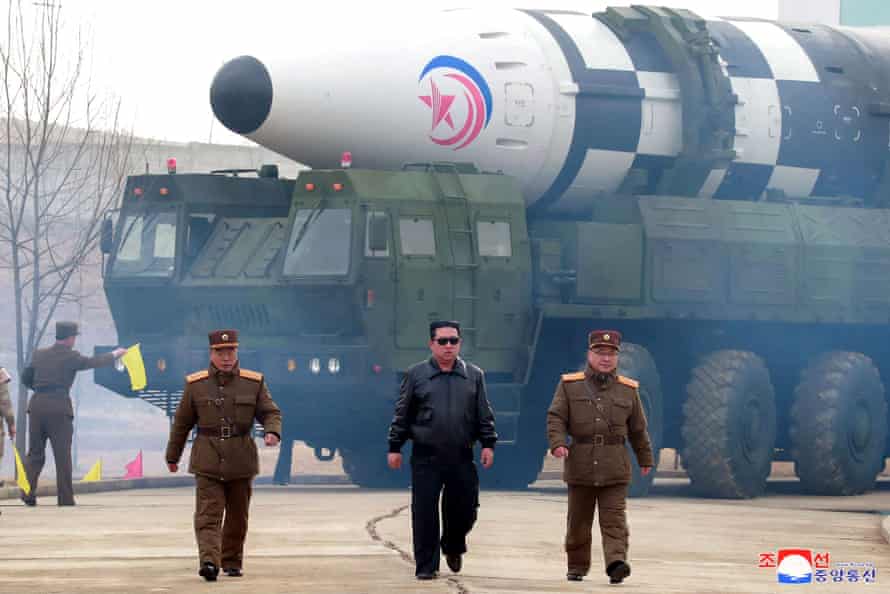 A state media propaganda image of the North Korean leader, Kim Jong-un, in front of a supposed intercontinental ballistic missile last month.