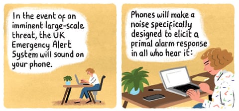 cartoon by stephen collins about an emergency alert on phones, panel 1