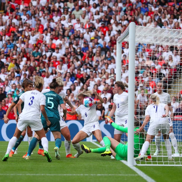 A potential handball from Leah Williamson of England Women was referred to VAR but no penalty was given.