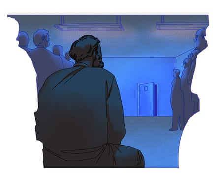 Illustration of a man sitting in a room with lots of shadowy figures at the periphery