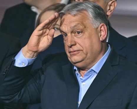 Hungary's prime minister Viktor Orbán salutes to supporters at the Balna centre in Budapest, Hungary after conceding the 2026 election.