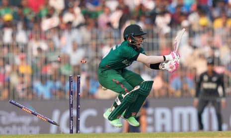 Bangladesh’s Mushfiqur Rahim reacts as he is bowled out by New Zealand’s Matt Henry.