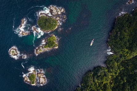 An aerial view of the Shelter Islands in Doubtful Sound
