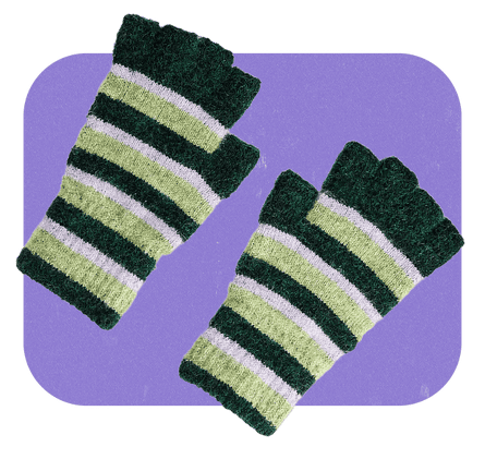green-and-white hooped fingerless gloves.