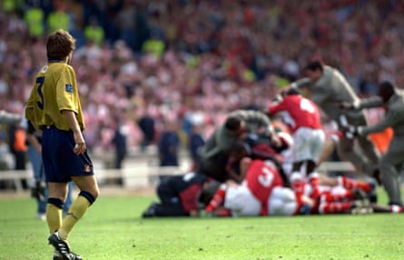 Sunderland’s Michael Gray watches Charlton celebrate promotion after failing to score the last penalty in the playoff final of 1998.