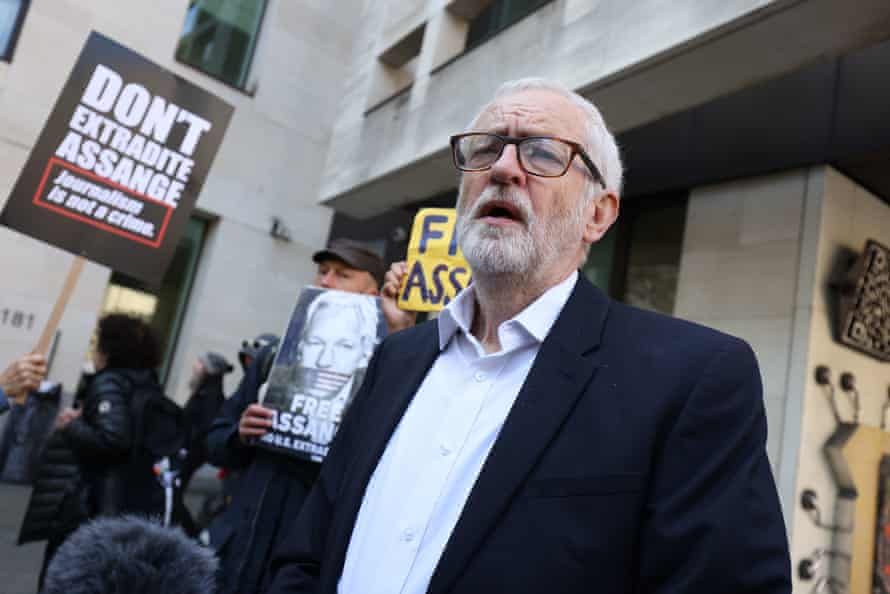 Jeremy Corbyn with supporters of Wikileaks founder Julian Assange protest outside Westminster magistrates’ court today.