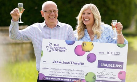 Joe and Jess Thwaite celebrate winning the record-breaking EuroMillions jackpot of £184m.