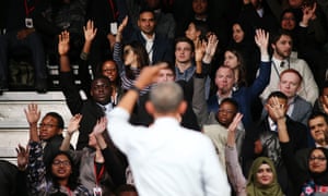 Me next! Obama faces his questioners.