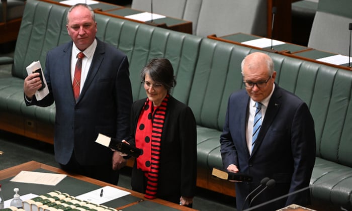 Former Nationals leader Barnaby Joyce, Labor member for Calwell Maria Vamvakinou and former prime minister Scott Morrison are sworn in in the House of Representatives on Monday.