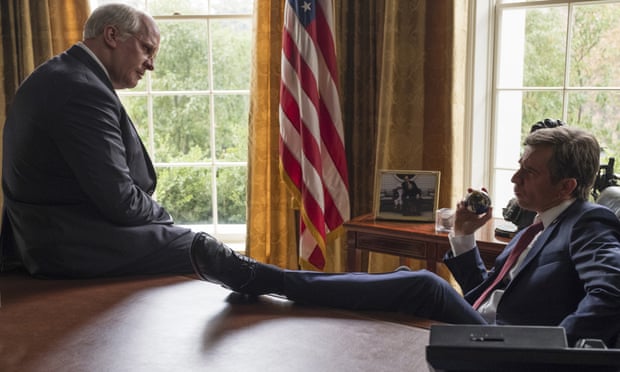 This image released by Annapurna Pictures shows Christian Bale as Dick Cheney, left, and Sam Rockwell as George W. Bush in a scene from “Vice.” On Thursday, Dec. 6, 2018, the film was nominated for a Golden Globe award for best motion picture musical or comedy. The 76th Golden Globe Awards will be held on Sunday, Jan. 6. (Matt Kennedy/Annapurna Pictures via AP)