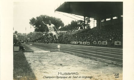 Postcard showing William Hubbard long-jumping