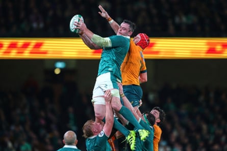 Ireland’s James Ryan wins a line out against Australia’s captain Harry Wilson