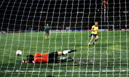 Carlos Pereira saves a penalty from Graham Rix as Valencia win the Cup Winners’ Cup final in a penalty shootout.