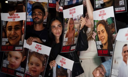 Relatives of people taken hostage by Hamas at a protest in Tel Aviv on Saturday