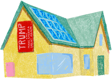 A colorful house with solar panels on the roof and a Trump banner
