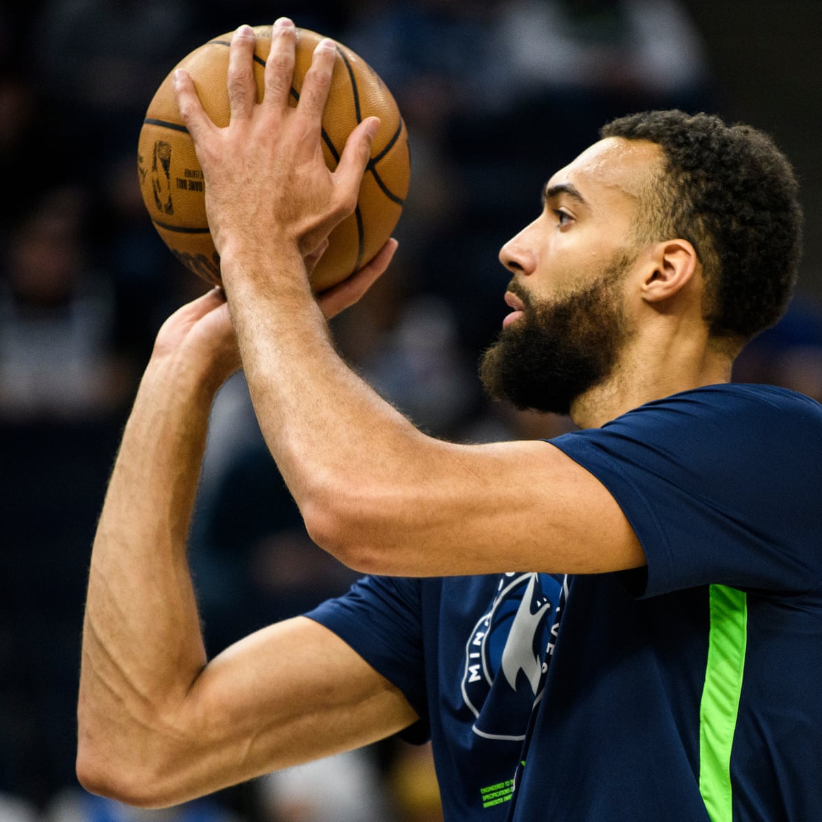 Apr 23, 2023; Minneapolis, Minnesota, USA; Minnesota Timberwolves center Rudy Gobert (27) warms up before game four of the 2023 NBA Playoffs against the Denver Nuggets at Target Center. Mandatory Credit: Matt Krohn-USA TODAY Sports - Aaron Rodgers