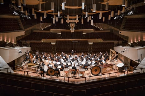The Berlin Philharmonic, conducted by Simon Rattle, perform without audience at the Philharmonie, Berlin, 12 March.