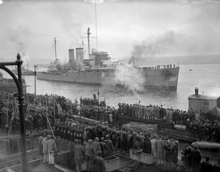 HMS Exeter coming alongside at Plymouth in February 1940.