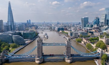 The Shard, Tower Bridge and the City of London financial district in May 2024 (taken by a drone)