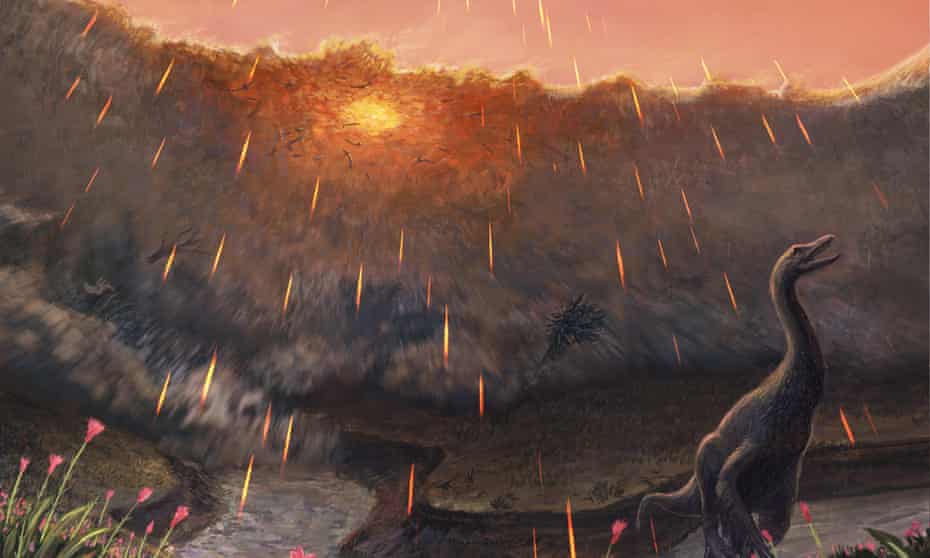 Artistic reconstruction by Joschua Knüppe of the asteroid that wiped out the dinosaurs coming down in the northern hemisphere's springtime.