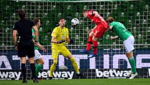 Mitchell Weiser powers in a header past Pavlenka for Leverkusen’s third.