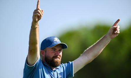 Shane Lowry of Europe celebrates his tee shot on the 16th hole during practice before the 2023 Ryder Cup at Marco Simone Golf and Country Club in Rome, Italy. (Photo By Brendan Moran/Sportsfile via Getty Images)