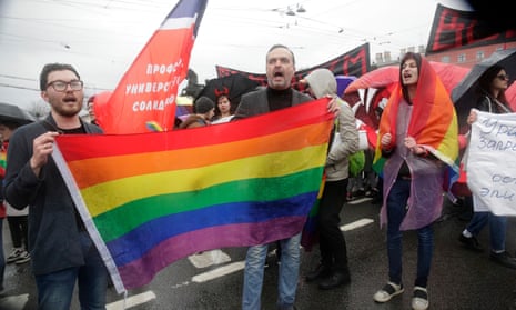 Igor Kochetkov and other activists attend a May Day rally in St Petersburg, Russia in May 2018