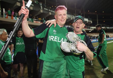 Kevin O’Brien of Ireland celebrates with Niall O’Brien of Ireland at the end of the match during the 2011 ICC World Cup Group B match between England and Ireland at the M. Chinnaswamy Stadium on March 2, 2011 in Bangalore, India.