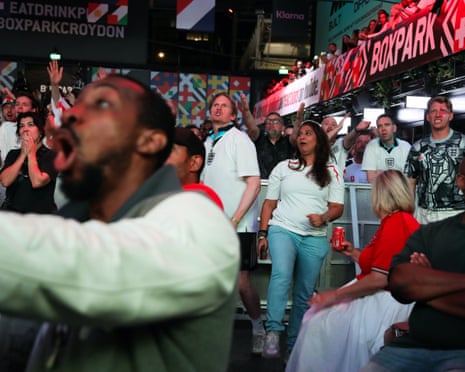 England fans attend a watch party at Boxpark Croydon for the match between Mexico and England.