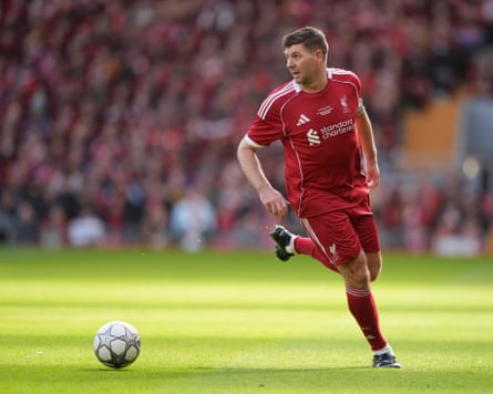 Steven Gerrard slips on the armband for the recent Liverpool legends game at Anfield.
