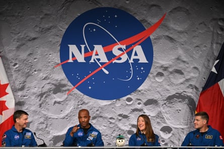 Artemis II mission astronauts Reid Wiseman, Victor Glover, Christina Koch and Jeremy Hansen at a press conference in Houston on 16 April.