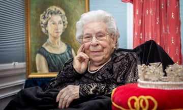 Actor Jeannette Charles, Queen Elizabeth II impersonator, photographed at her home in Essex. She has died at the age of 96.