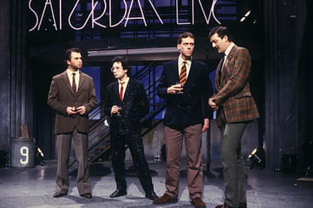 The Motormouth years … Elton, second left, with Harry Enfield, Hugh Laurie and Stephen Fry on Saturday Live in 1985.
