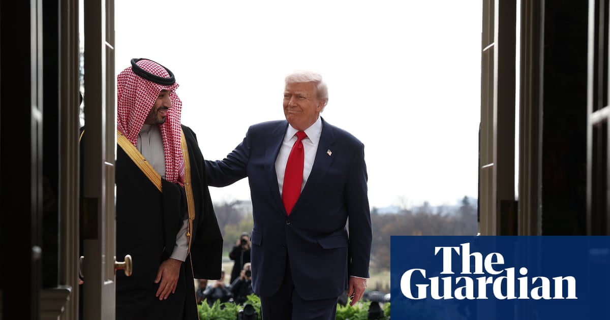 Trump and MBS reviewing blueprints labeled “totally peaceful uranium stuff, do not weaponize :)”