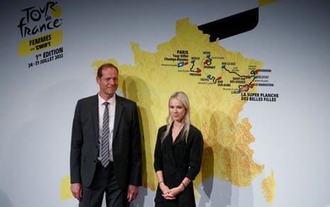 Christian Prudhomme and Marion Rousse during the route presentation in Paris.
