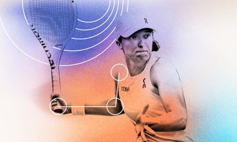 Iga Swiatek illustration including annotated angles on her arm as she prepares to strike the ball