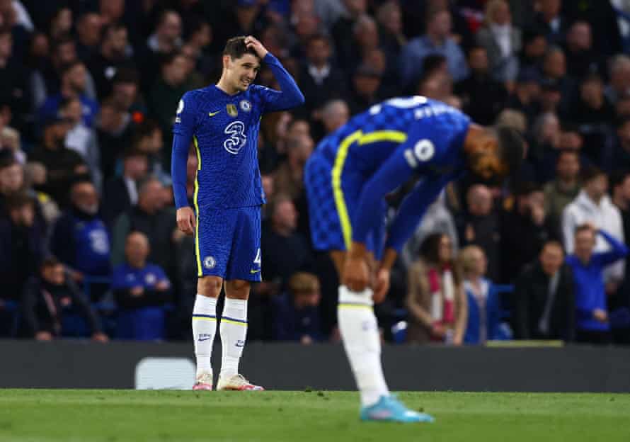Chelsea’s Andreas Christensen reacts after his mistake assisted Arsenal’s Eddie Nketiah in opening the scoring.